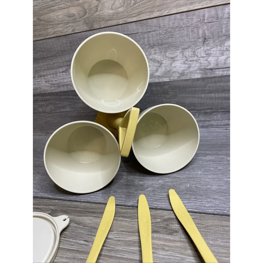 Vintage Tupperware Gold and Almond Condement‎ Caddy Set w/ Cups, Lids & Spoons